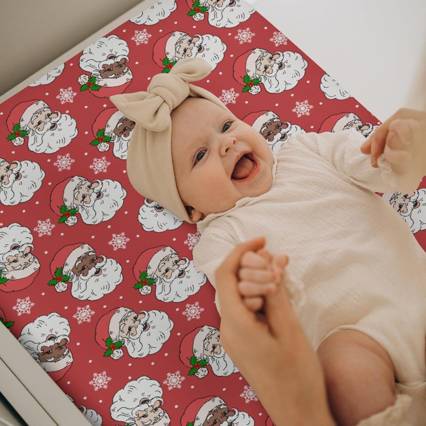 Christmas Santa Claus Snowflakes Baby Changing Pad Covers for Boy Girl Cute Red Santa Fir Leaves Fitted Changing Table Cover Mats Winter Holiday Festive Soft Diaper Change Table Sheets 32''×16''