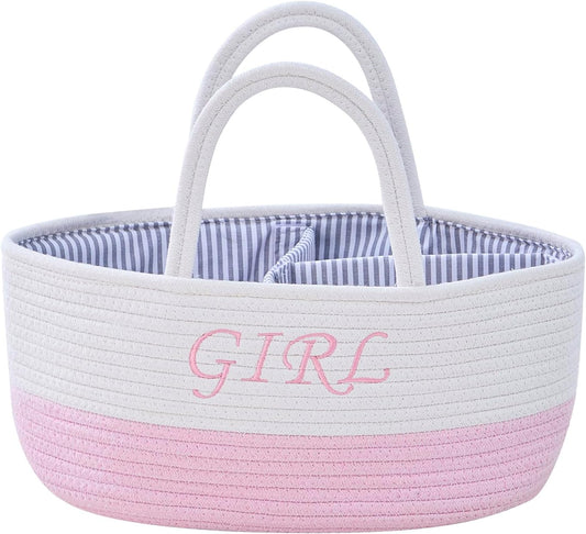 DUHEL Diaper Caddy Organizer with Handle,Baby Basket use for Diaper Organizer and Storage,Baby Girl Newborn Essentials,3 Compartments-Cotton rope Material Storage for Home or Travel. (White＆Pink)
