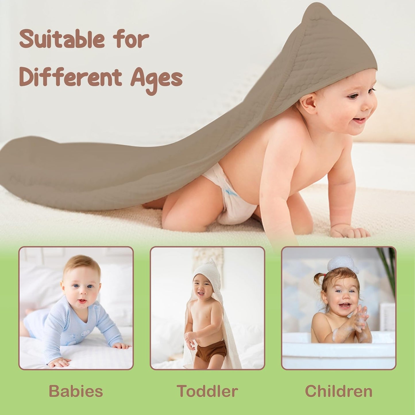 Organic Cotton Muslin Baby Hooded Towels - 32x32 Inch, 2 Pack Newborn Bath Towels for Boys & Girls, Soft & Absorbent Bath Set (Olive/Ivory)