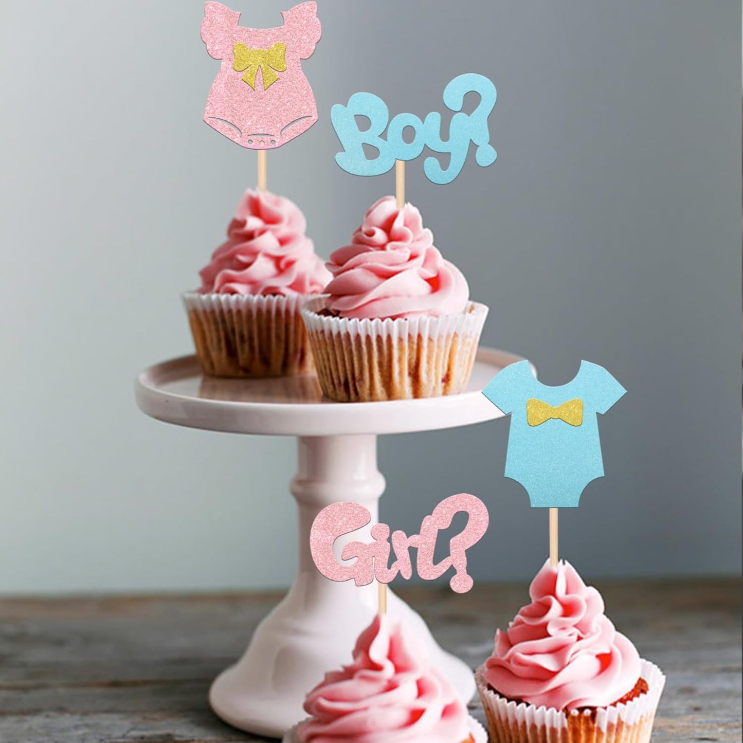 Rsstarxi 24pcs Cake Topper Paper Boy or Girl Toppers with Glitter Bow Tie Skirt, for Baby Shower, Birthday & Gender Reveal Party Decorations