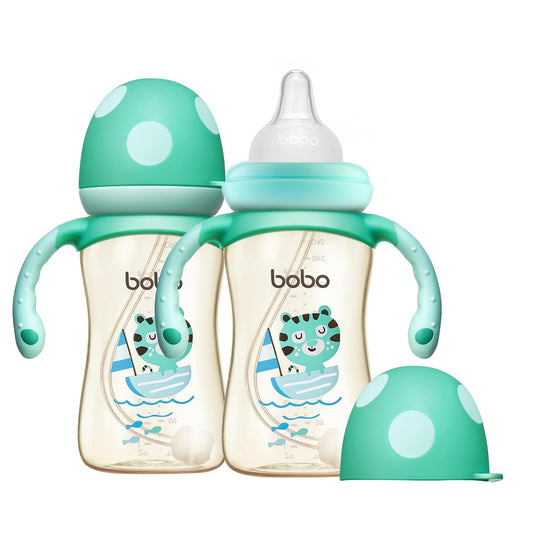 YOHKOH Natural PPSU Baby Bottle with Natural Response Nipple, Newborn Anti-Colic Baby Bottles with Handle, Wide Neck Mushroom Cap Baby Bottle (8.8oz (Pack of 2), Blue)