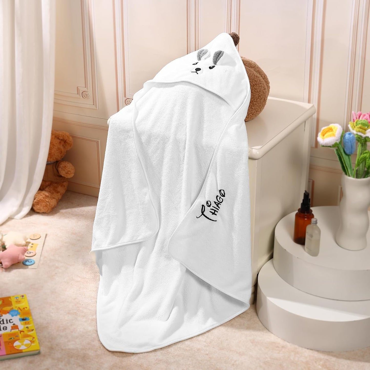 Personalized Baby Towels for Newborn Custom Embroidery Name Hooded Baby Bath Towels for Boy Girl Newborn Essentials Must Haves Shower Gift Soft Coral Velvet 30"x30" (White)