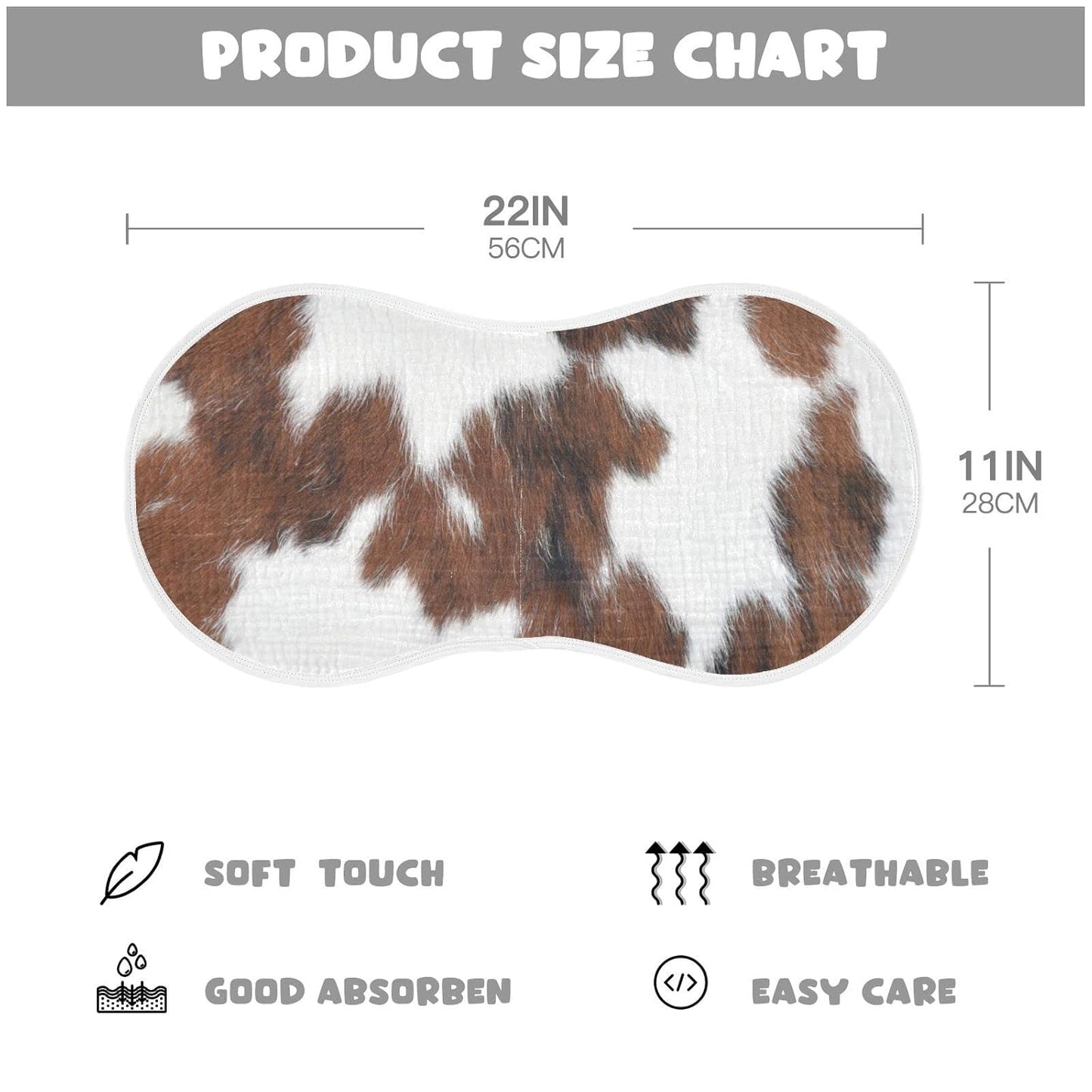Muslin Baby Burp Cloths Set of 1, Soft Absorbent White Brown Print Cow Muslin Washcloths, Bibs, Face Towel for Newborn Boys Girls, 22 x 11 Inch
