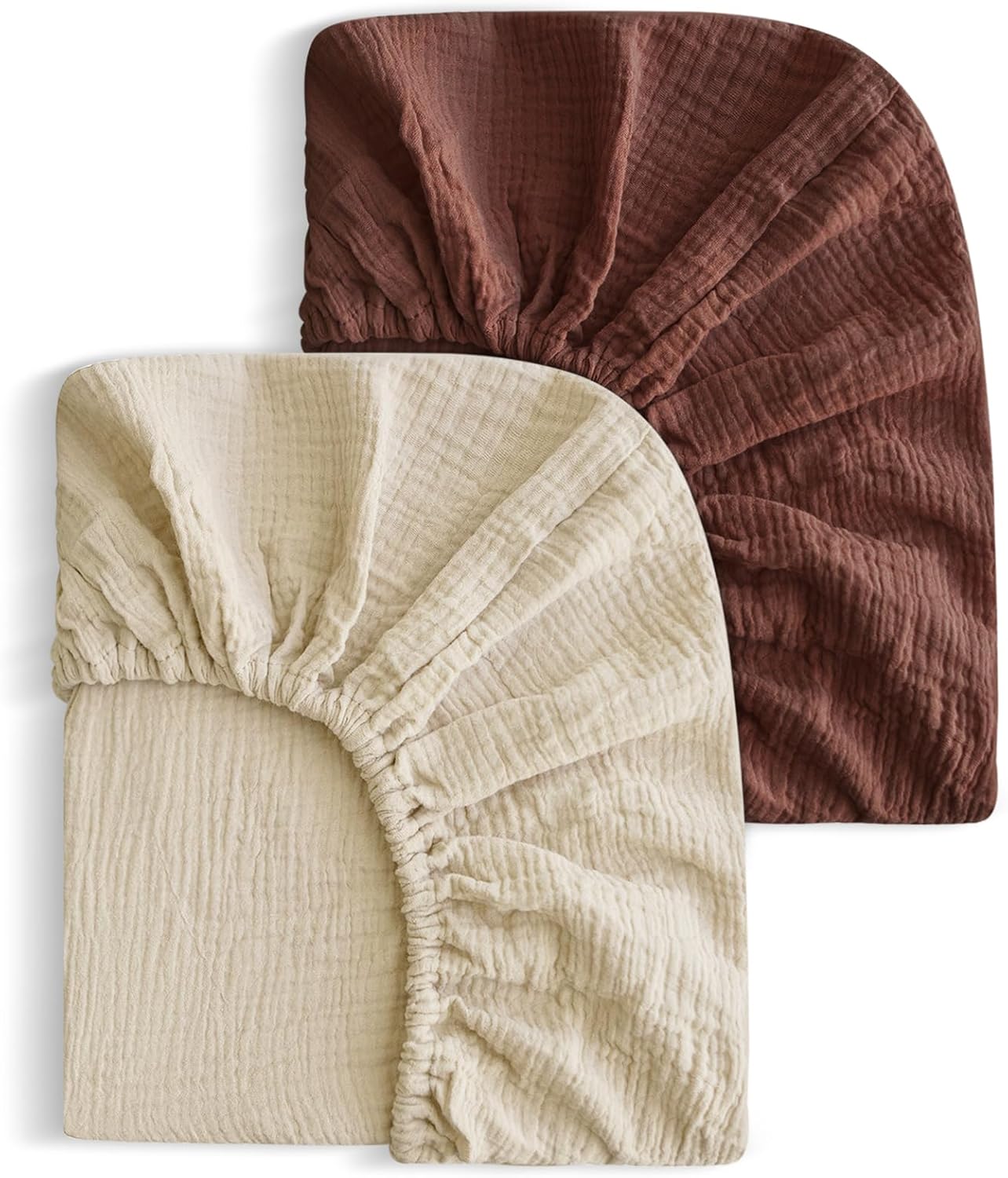 2 Pack Soft Muslin Baby Mini Crib Sheets, 100% Cotton Breathable Double Layer Fitted Sheets for Mini Crib and Pack N Play Mattresses 24x38 Inches, for Baby Girls and Boys (Cedar & Cream