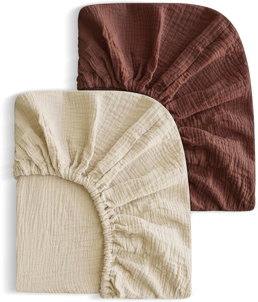 2 Pack Soft Muslin Baby Mini Crib Sheets, 100% Cotton Breathable Double Layer Fitted Sheets for Mini Crib and Pack N Play Mattresses 24x38 Inches, for Baby Girls and Boys (Cedar & Cream