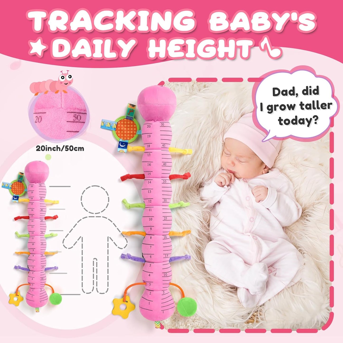 Baby Toys 0-6-12 Months,Musical Caterpillar Stuffed Animals Activity Infant Toys with Crinkle,Rattles,Mirror&Pull String,Muti-Sensory Toys Gifts for Newborn Tummy Time,Pink,Knot prolegs