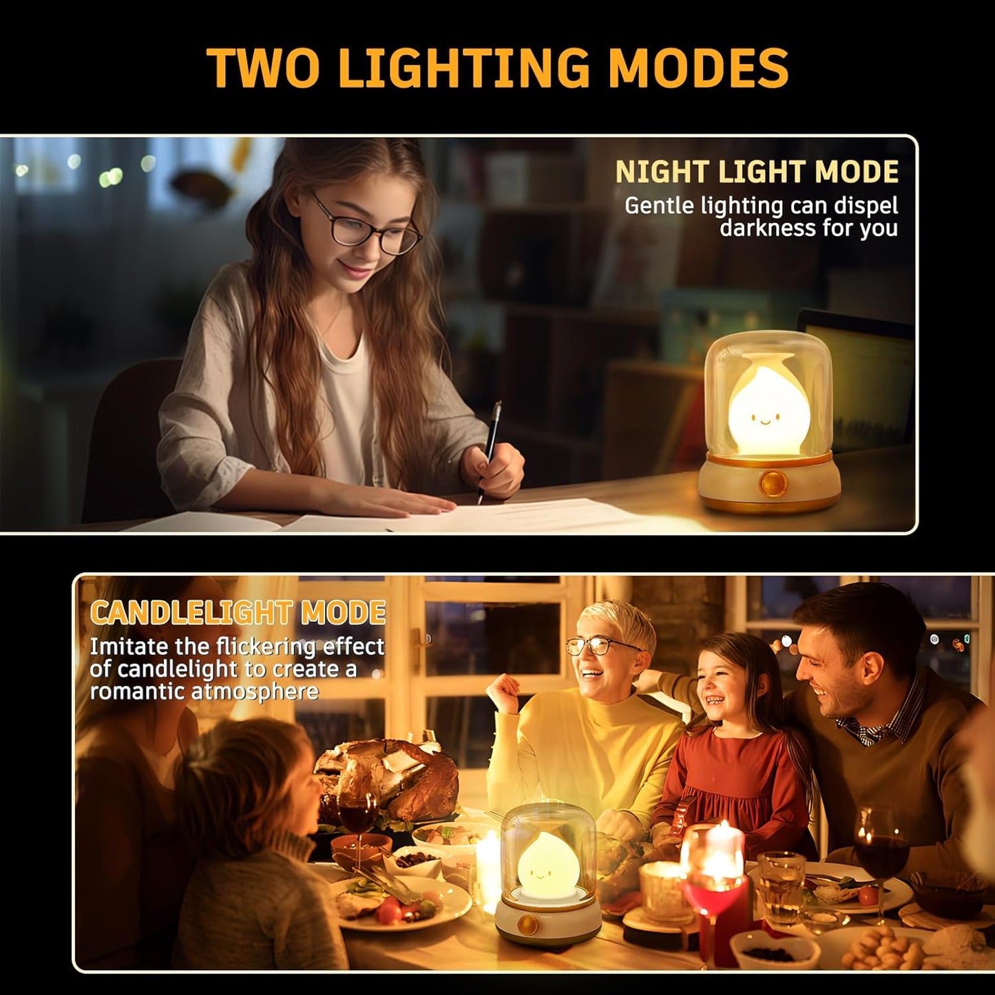 2Pack Ghost Campfire Night Light, Small Cute Desk Lamp, Dimmable Cordless Bedside Table Lamp, Rechargebale Battery Oprated Warm Night Light for Bedroom/Kids/Baby Nursery, Vintage Ambient Lighting