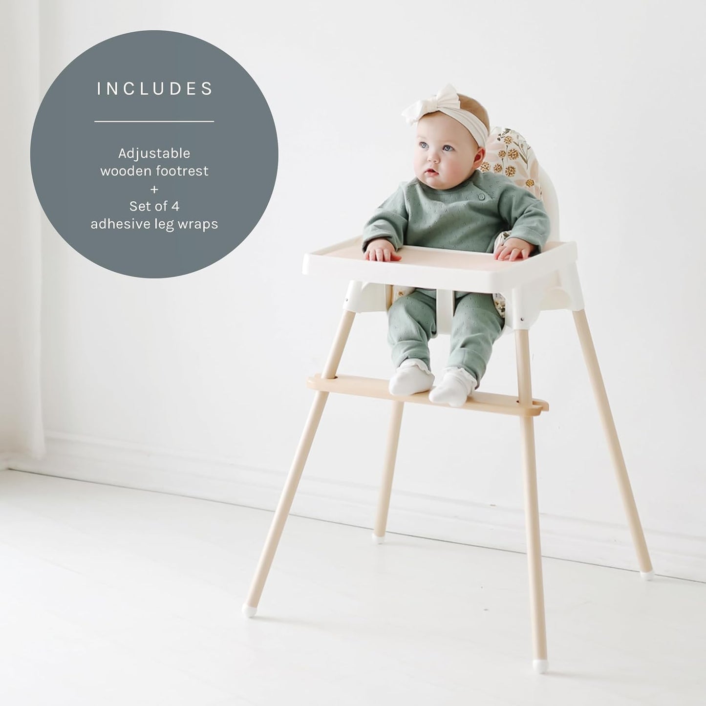 Yeah Baby Goods Adjustable Footrest & Leg Wrap Set Compatible with The IKEA Antilop Highchair (Birch) - High Chair Accessories Bundle - Attachable Foot Rest w/Support Clamps & Matching Leg Stickers