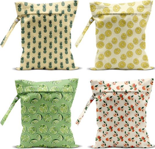 4 Pack Cute Fruit Wet Bag Waterproof Washable Reusable Wet Dry Bag for Swimsuit Dirty Clothes Cloth Diaper Travel Beach Pool Yoga Gym Toiletries Travel Beach Essentials Lemon Pineapple Peach