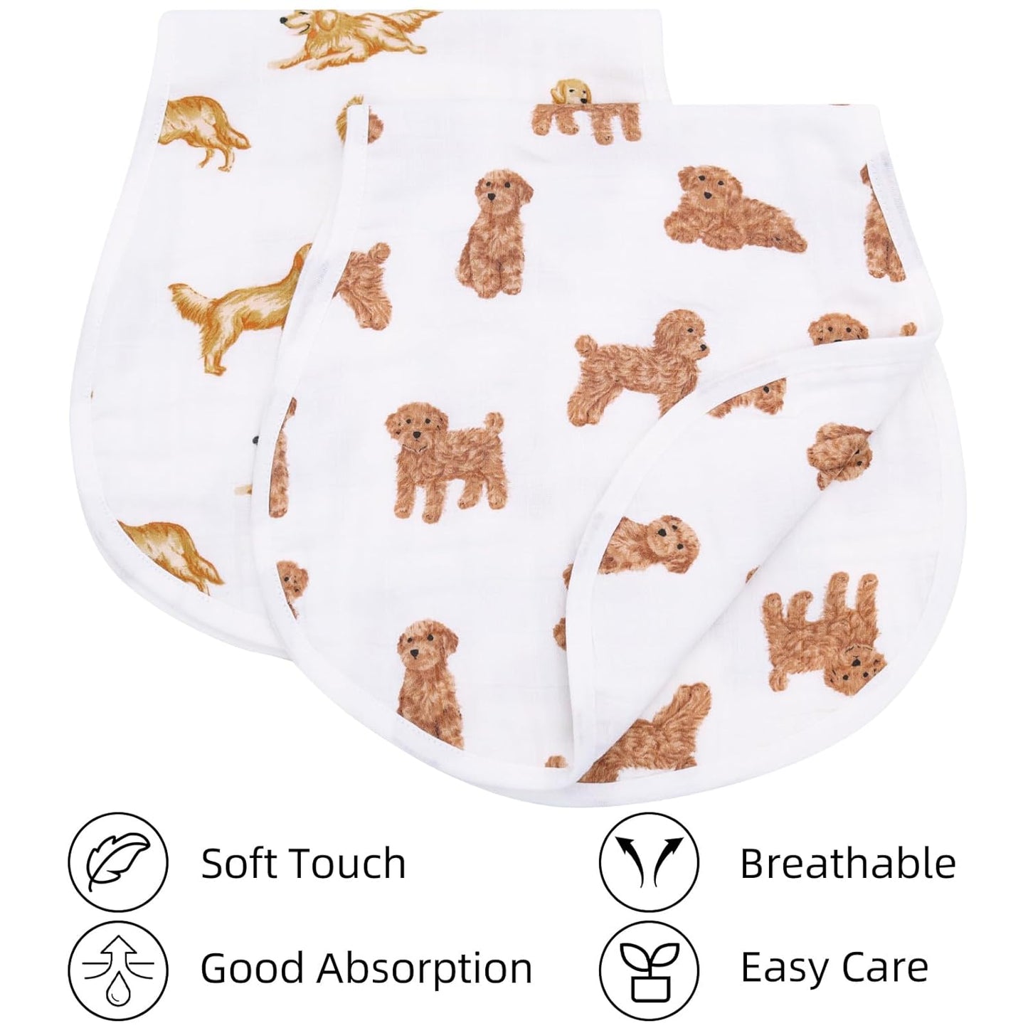 LifeTree Muslin Baby Burp Cloths - 2 Pack 70% Viscose from Bamboo and 30% Cotton Large 22'' by 10'' Absorbent Milk Spit Up Rags - Burping Cloths for Newborn, Girls Boys, GoldenRetriever & PoodleDog