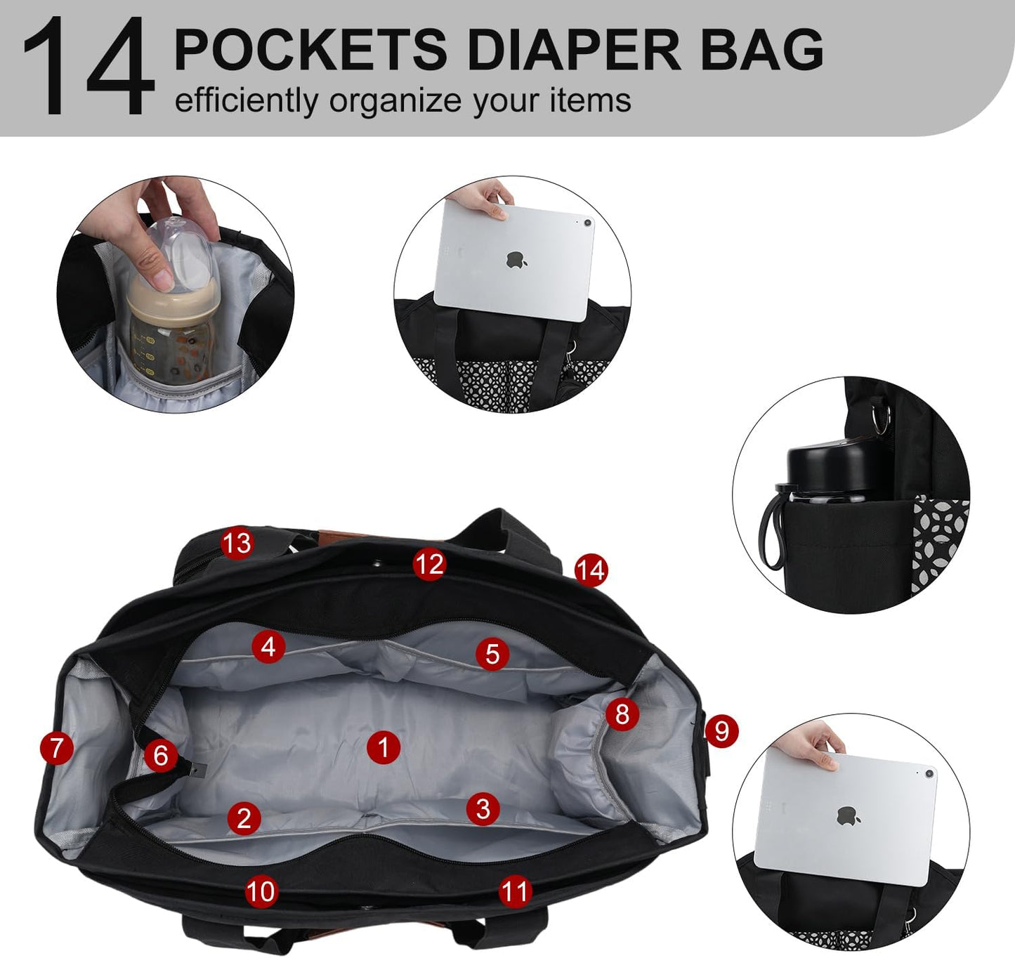 Diaper Bag Tote, Large Capacity Travel Diaper Baby Bags Crossbody Hospital Mom Bag，with Silicone Pacifier Case