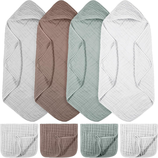 VitalCozy 8 Pcs Baby Muslin Hooded Bath Towels and Washcloths, 32 x 32 Inch Muslin Cotton Absorbent Hooded Blankets for Gift Newborn Infant Shower (Grey, Blue)
