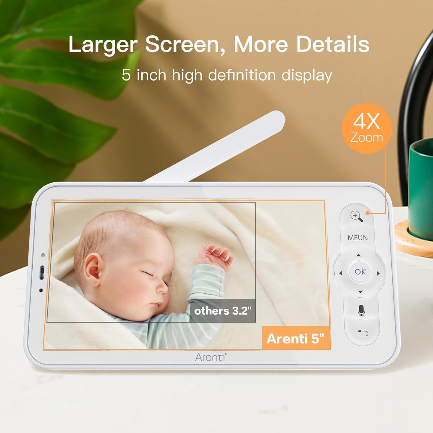 ARENTI Baby Monitor, 2K Smart Baby Camera with 5-Inch Upgraded Wireless Display, Super Night Vision, Lullabies, Cry & Motion Detection, Temp & Humidity Sensor, Two Way Audio