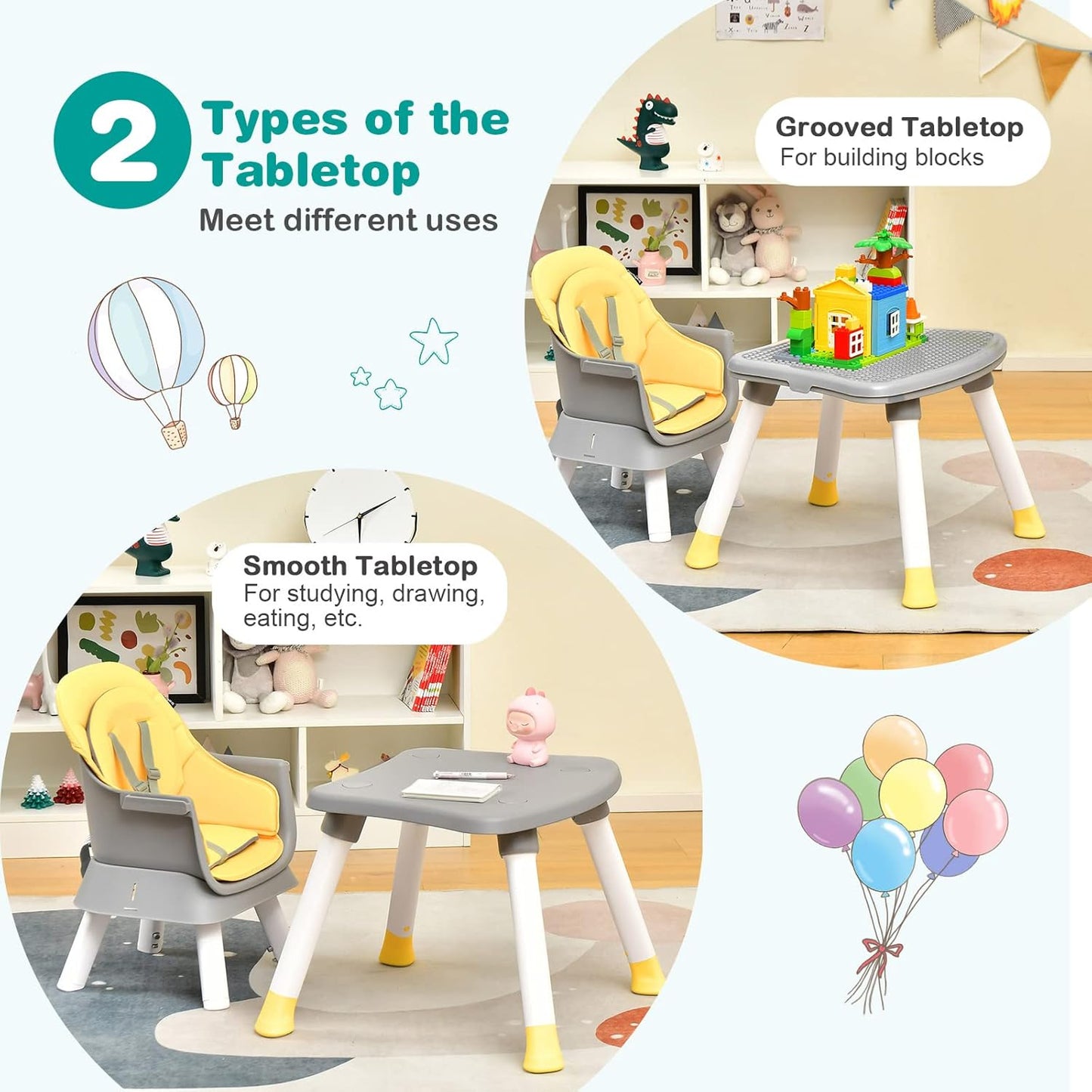 BABY JOY Baby High Chair, 8 in 1 Convertible Highchair for Babies & Toddlers | Booster Seat | Table and Chair Set | Building Block Table | Toddler Chair with Safety Harness, Removable Tray (Yellow)