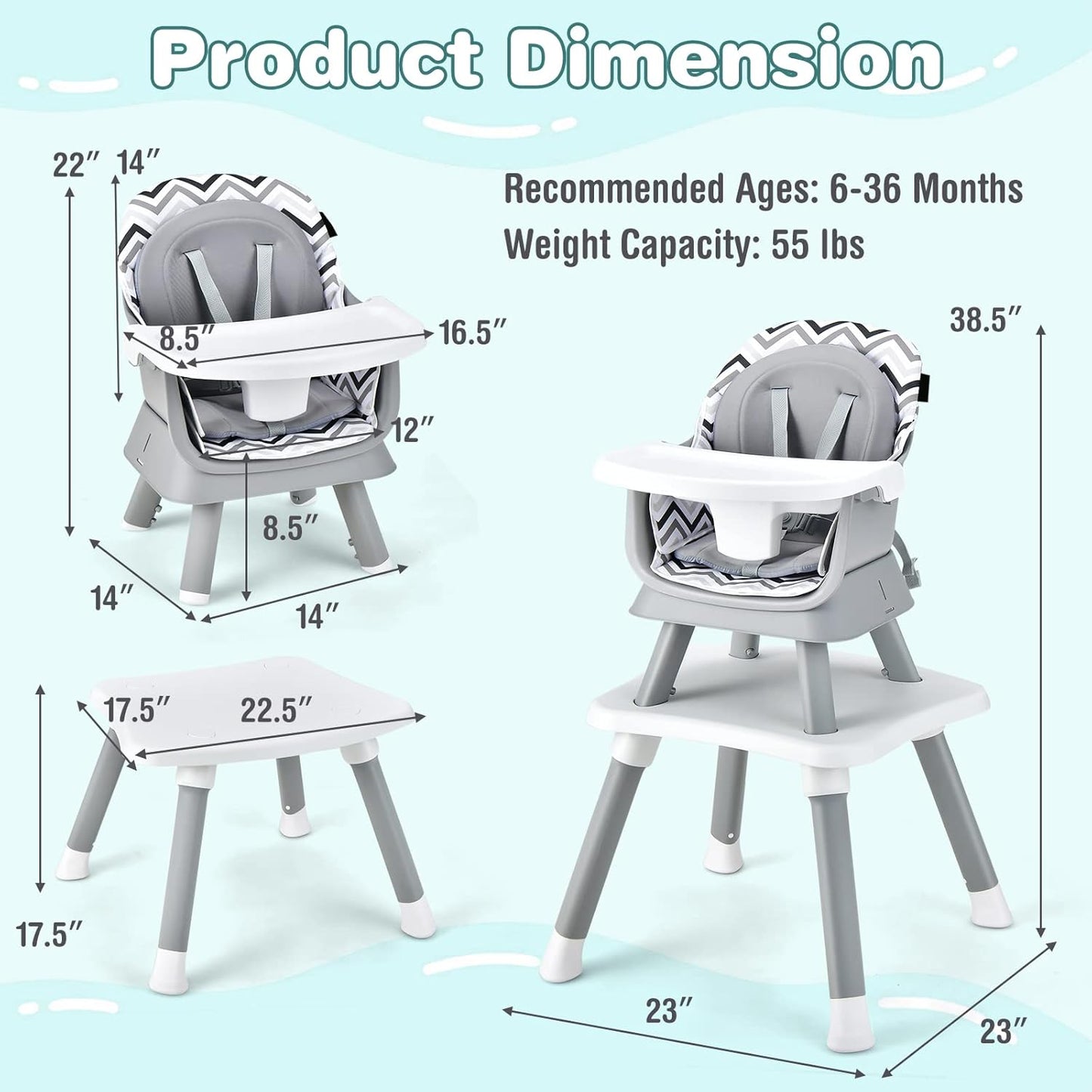 KOTEK Baby High Chair, 8 in 1 Convertible Highchairs for Babies and Toddlers, Building Block Table, Booster Seat, Toddler Chair with Removable Tray, Safety Harness, Dual Cushions (Chevron)