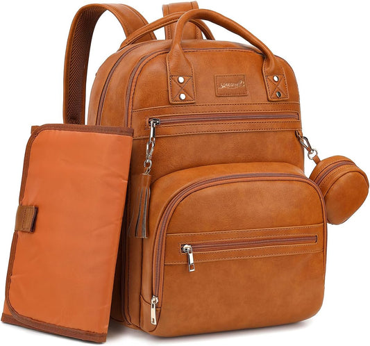 Premium Vegan Leather Diaper Bag Backpack with Waterproof Changing Pad, Reinforced Zippers & Odor-Free, 20 Pockets Pro Organizer, Fits 15.6" Laptop, Stroller Straps, Baby Bag for Mom, Brown