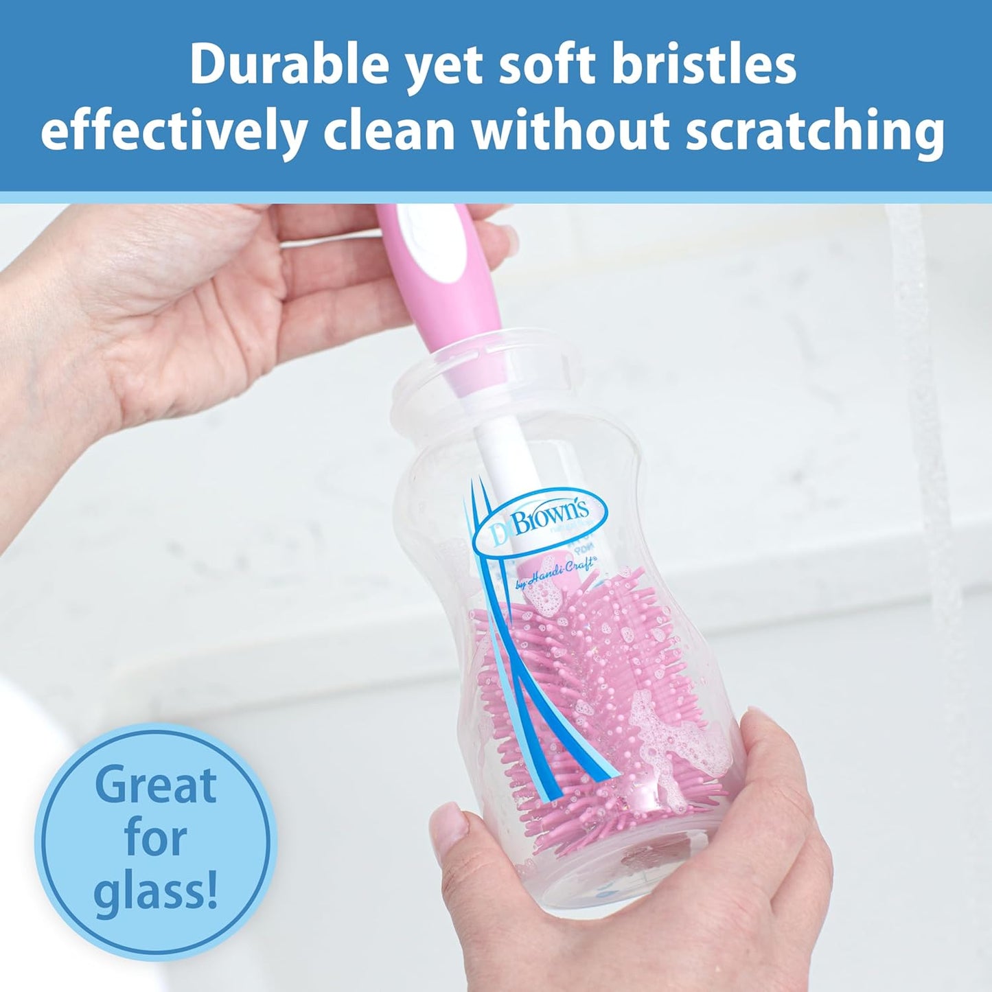 Dr. Brown's Bottle Cleaning Brush, Soft Touch No Scratch, BPA Free | Pink | 2-Pack | With Stand | Nipple Cleaner