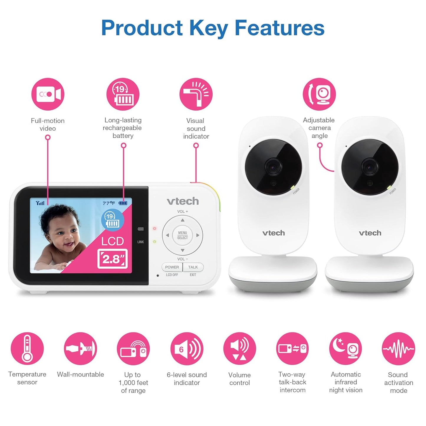 VTech VM819-2 Baby Monitor, 2.8” Screen, 2 Cameras, 1000ft Range, Night Vision, 2-Way Audio, Temperature Sensor, Lullabies, Secured Transmission No WiFi