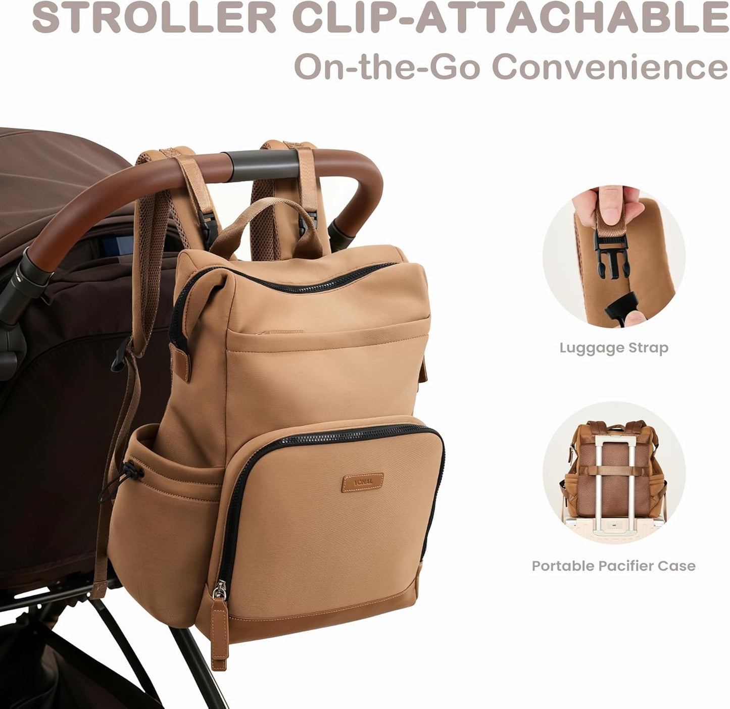 VONAL Neoprene Diaper Bag Backpack with Changing Pad, 33L Large Capacity Neoprene Backpack Baby Diaper Bag with Insulated Pockets, Travel Diaper Backpack Baby with 12 Pockets for Mom & Dad, Brown