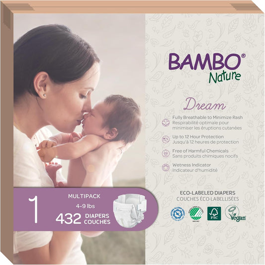 Bambo Nature Hypoallergenic Dream Baby Diapers, Premium Eco-Labeled Sustainable Diapers, Enhanced Leakage Protection, Totally Chlorine-free, Skin Friendly, and Super Absorbent - Size 1 (432 Count)