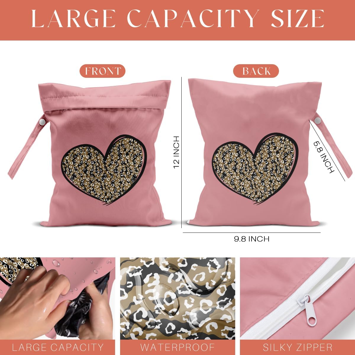 4 Pack Leopard Heart Cute Leopard Wet Bag Waterproof Reusable Wet Dry Bag for Swimsuit Clothes Cloth Diaper Travel Pool Yoga Toiletries Travel Cruises Valentine Day Christmas Camping Beach Essentials