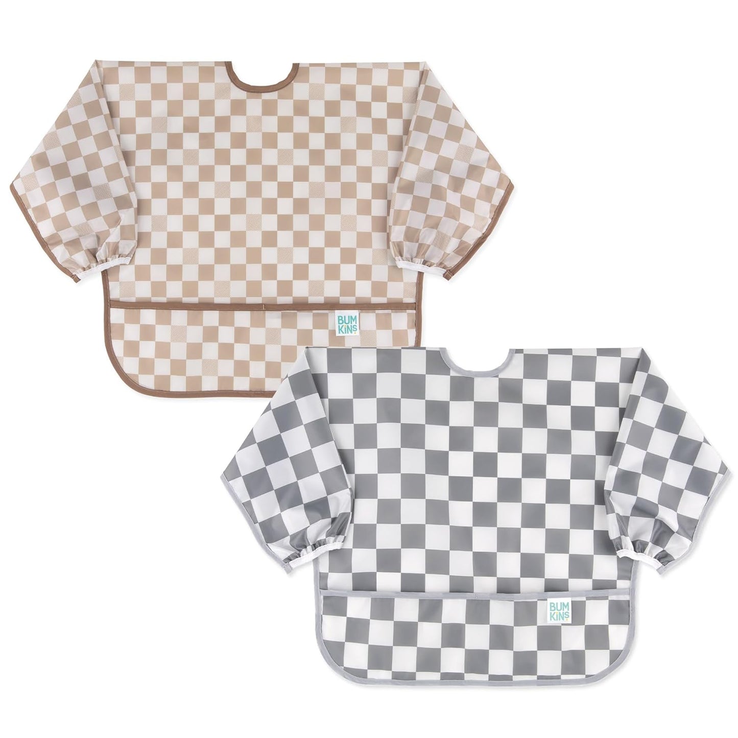 Bumkins - Sleeved Bib -For Boys & Girls, Babies & Toddlers 6-24 Months - Lightweight, Durable, Waterproof - Long Sleeve Bib - Catch-All Pocket - Wipeable & Machine Washable -Beige & Gray Check -2 Pack
