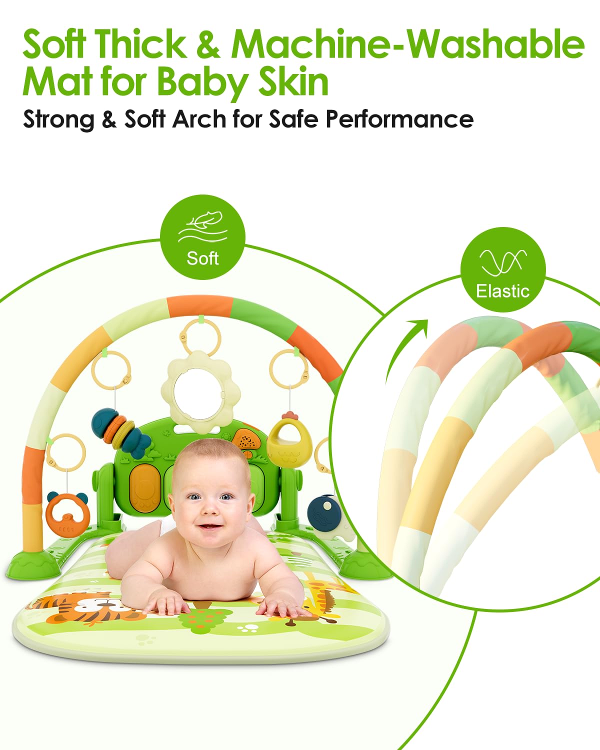 dearlomum Baby Play Mat Gym, Funny Play Piano Tummy Time Activity Mat with 5 Infant Sensory Toys, Music and Lights, Boy & Girl Gifts for Newborns 0 to 3 6 9 12 Months (Green)