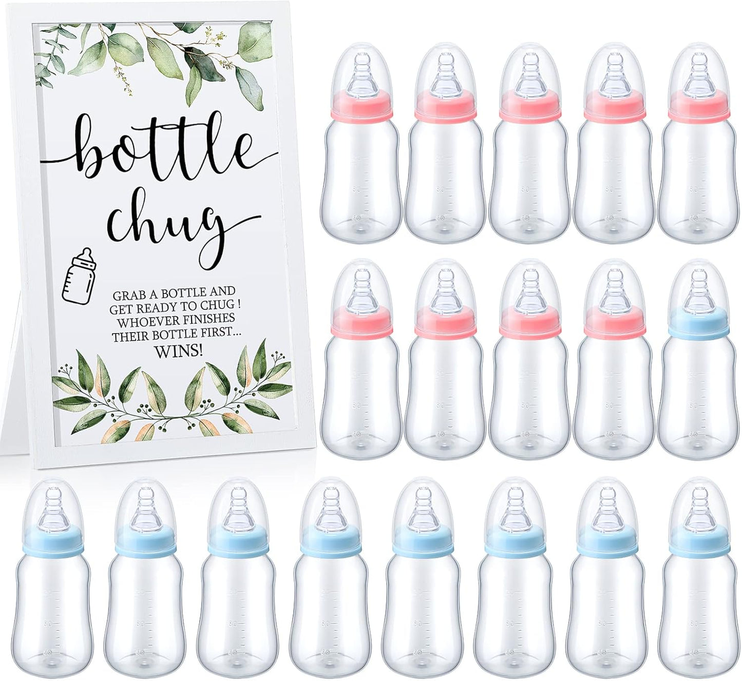 Roowest Bottle Chug Baby Shower Games Sets Including 18 Pcs Feeding Bottles with 1 Bottle Chug Wooden Sign for Gender Reveal Baby Shower Party Supplies(Pink, Blue,Eucalyptus)