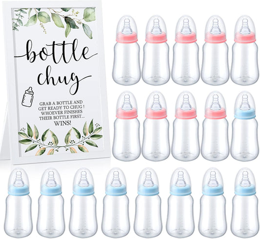 Roowest Bottle Chug Baby Shower Games Sets Including 18 Pcs Feeding Bottles with 1 Bottle Chug Wooden Sign for Gender Reveal Baby Shower Party Supplies(Pink, Blue,Eucalyptus)