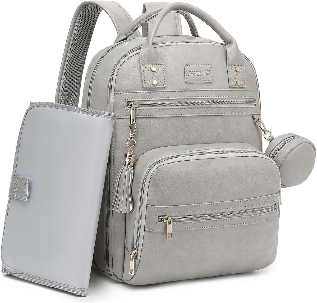 Premium Vegan Leather Diaper Bag Backpack with Waterproof Changing Pad, Reinforced Zippers & Odor-Free, 20 Pockets Pro Organizer, Fits 15.6" Laptop, Stroller Straps, Baby Bag for Mom, Grey