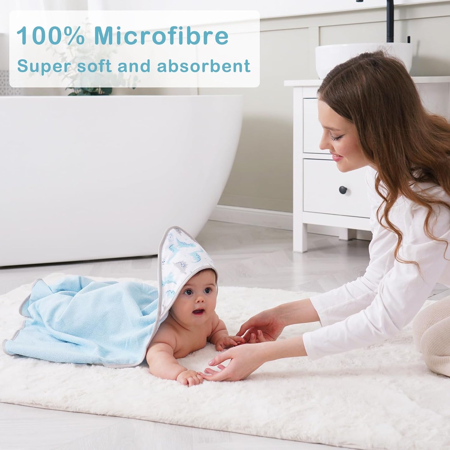 Viviland Baby Towels and Baby Wash Cloths Set Hooded Baby Towels Baby Wipes Absorbent Bath Face Towels Burp Cloths or Face Towels for Girl Boy 6-Pack Size 28 x 28 Inch(Dinosaur)