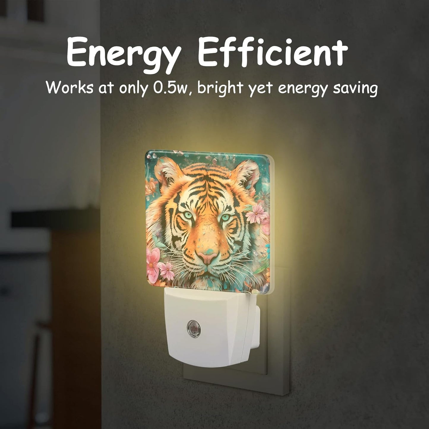 Watercolor Tiger Surrounded by Flowers Night Light Plug Wall,LED Night Lights with Dusk to Dawn Light Sensor for Women Girls Boys Room Decor,Hallway,Kitchen,Bathroom,Nursery,Stairs