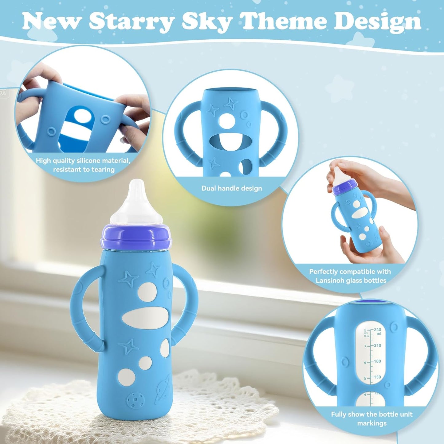 4-Pack Silicone Sleeves for Lansinoh Glass Bottles 8 oz- Starry Sky Design Baby Bottle Holder with Handles,Protectors for Lansinoh Natural Wave Glass Bottles, Anti-Scald Feeding Supplies