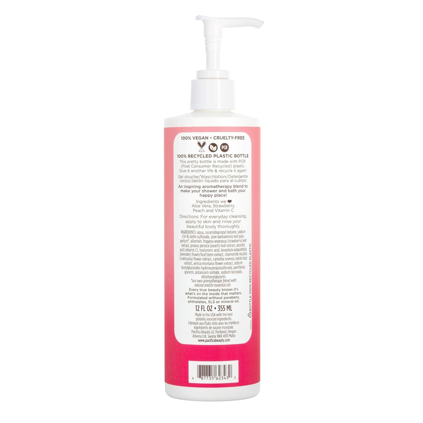 Pacifica Beauty Strawberry Peach Body Wash with Pump, Bath and Shower Gel, Aloe, Vitamin C, Moisturizing, Hydrating, Cleansing, Soothing, Rejuvanating, Inspiring, Vegan, 12 fl oz (1 Count)