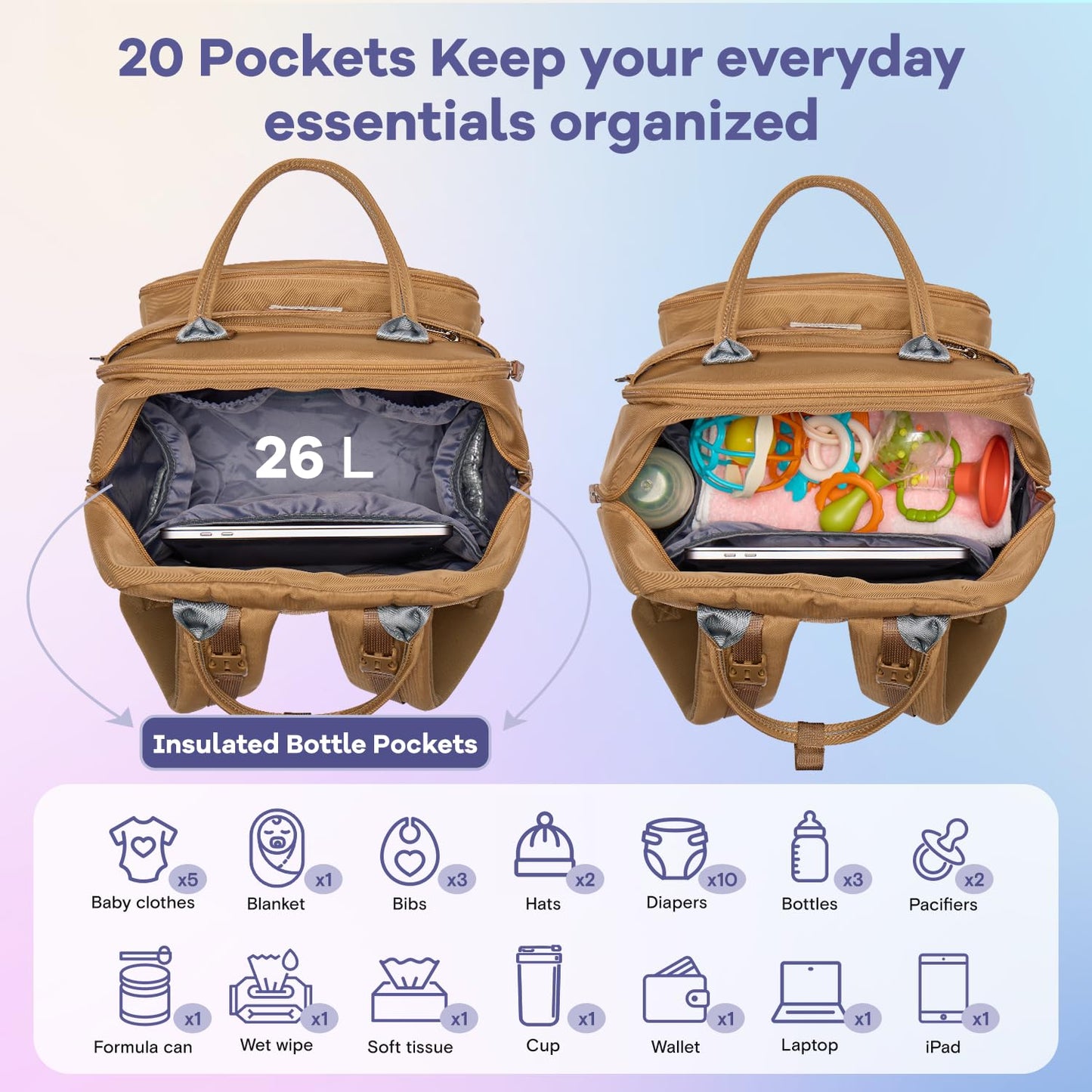 RUVALINO Diaper Bag Backpack, Multifunction Travel Pack Maternity Baby Changing Bags, Large Capacity, Waterproof, Golden Brown