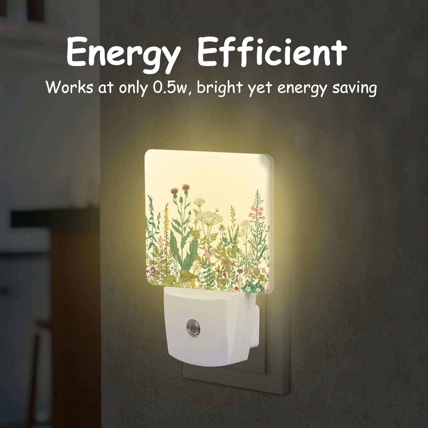 Vintage Wildflower Herbs Plug Night Light,Botanical Floral Night Light Lamp Auto Sensor Energy Efficient Dusk to Dawn Lights for Girls Boys Women Room Decor,Hallway,Kitchen,Bathroom,Nursery,Stairs