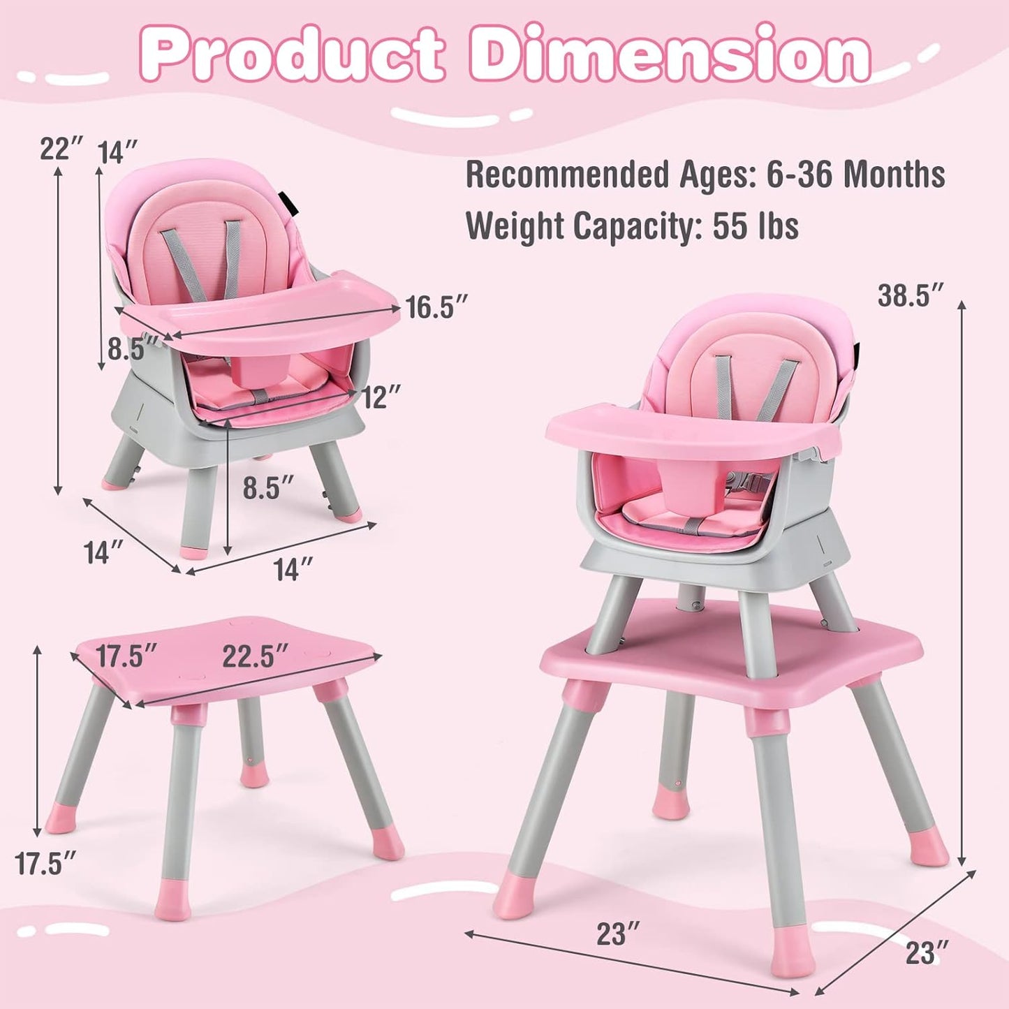 KOTEK Baby High Chair, 8 in 1 Convertible Highchairs for Babies and Toddlers, Building Block Table, Booster Seat, Toddler Chair with Removable Tray, Safety Harness, Dual Cushions (Pink)