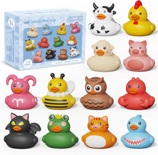12PCS Rubber Ducks,Toddler Bath Toys,No Hole Bathtub Toys,Baby Pool Toys for 18 Months and Older