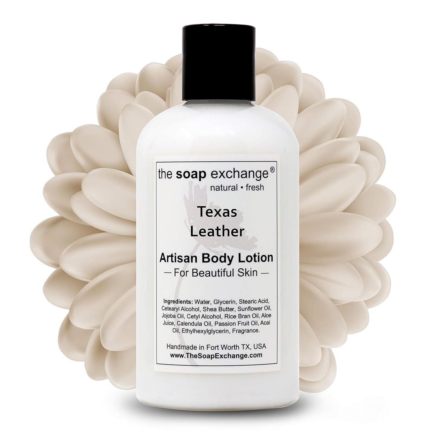 The Soap Exchange Body Lotion - Texas Leather Scent - Hand Crafted 8 fl oz / 240 ml Natural Artisan Skin Care for Hand, Face, & Body, Moisturize, Hydrate, & Protect. Made in the USA.