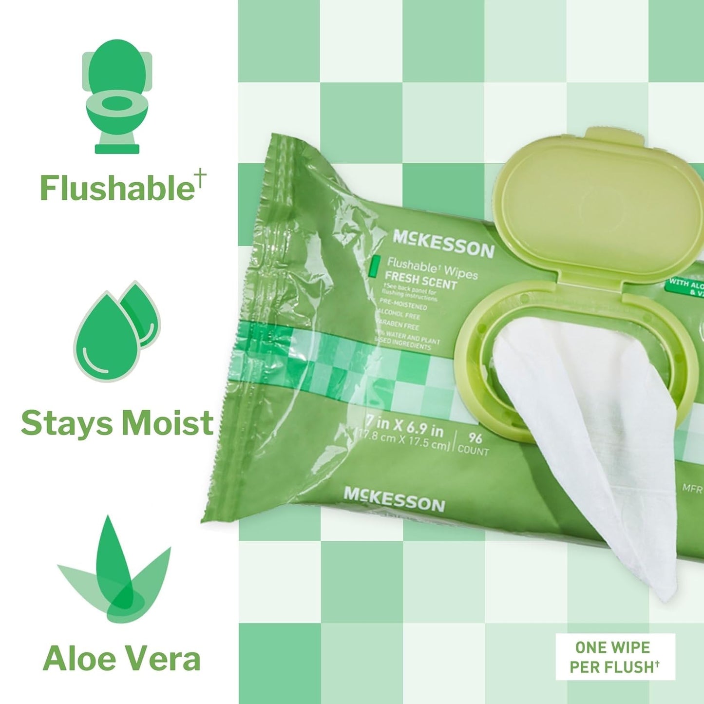 McKesson Flushable* Adult Wet Wipes – 96 Wipes (1 Pack of 96) – Aloe & Vitamin E, Plant-Based Cleansing Wipes, Scented