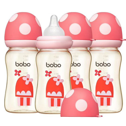 YOHKOH PPSU Baby Bottle Wide Neck, Newborn Anti-Colic Baby Bottle with Natural Response Nipple, Streamlined Body, Easy to Clean (8.8oz (Pack of 4), Red)