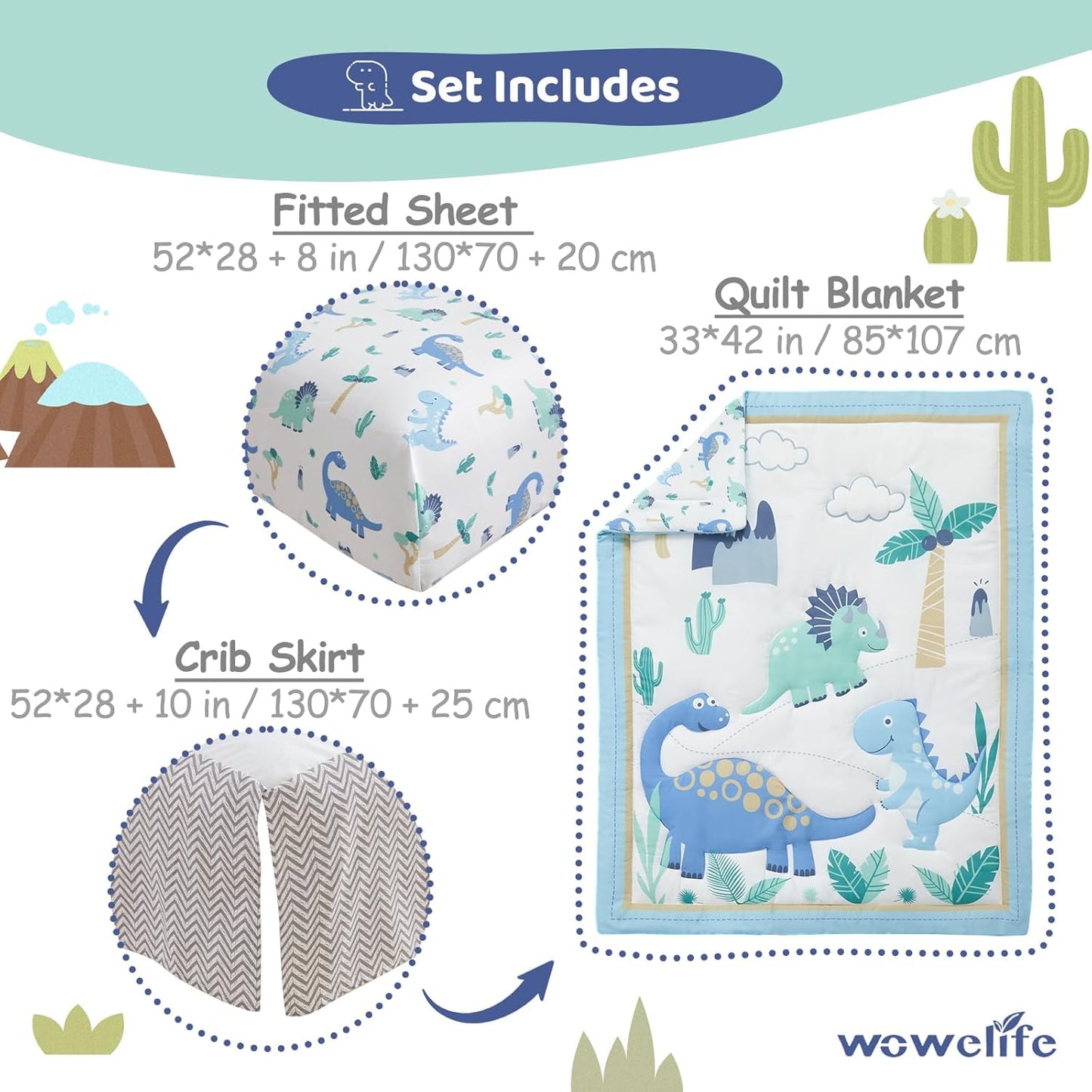 Wowelife Dinosaur Crib Bedding Set for Boys Light Blue, Premium 3-Piece Baby Bedding Set, Nursery Crib Set, Newborn, Infant & Toddler Nursery Bed Set, Light Blue Dinosaur
