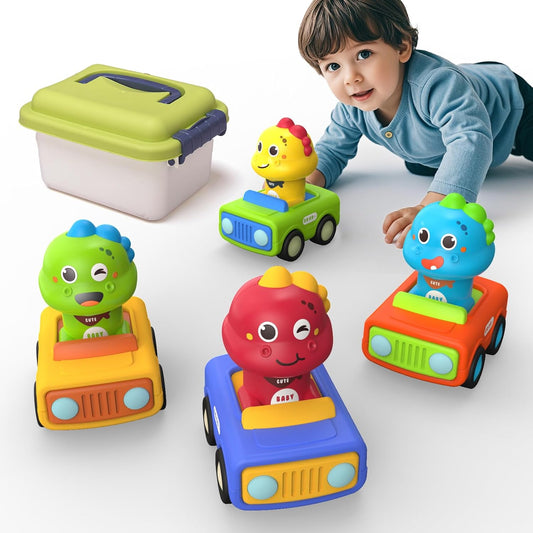 4PCS Big Press and Go Car Toys for Toddlers 1-3,Baby Animal Race Cars with Big Storage Box Infant Toys Push Go Friction Dino Car Learning Toys for Toddlers 1-3