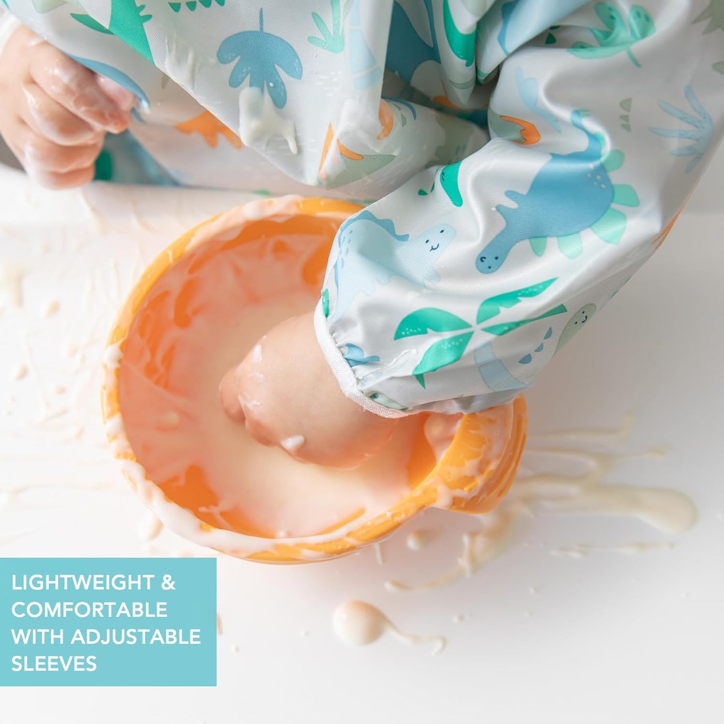 Bumkins - Sleeved Bib - For Boys & Girls, Babies & Toddlers 6-24 Months - Lightweight, Durable, Waterproof -Long Sleeve Bib -Catch-All Pocket -Wipeable & Machine Washable -Dinosaurs & Outdoors -2 Pack