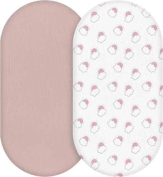 Muslin Bassinet Fitted Sheets, 2 Pack for Baby Boy and Girl, Soft Breathable Baby Pad/Mattress Sheet, Fit for Hourglass Oval and Rectangle Bassinet Mattress (Pink Cloud)