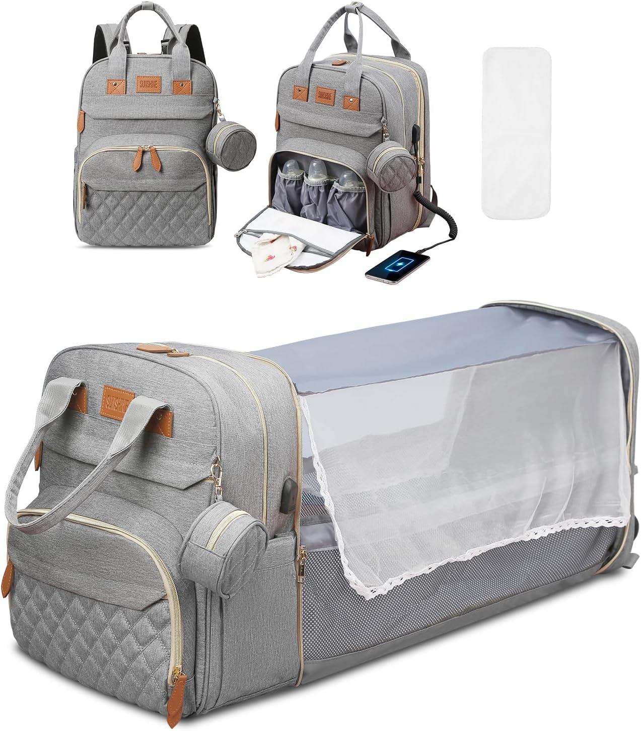 Diaper Bag Backpack, Large Diaper Bag with Changing Station, Baby Bag, New Mom Gifts, Lightweight Waterproof Unisex Diaper Bag with Insulated Pockets and USB Charging Port, Grey