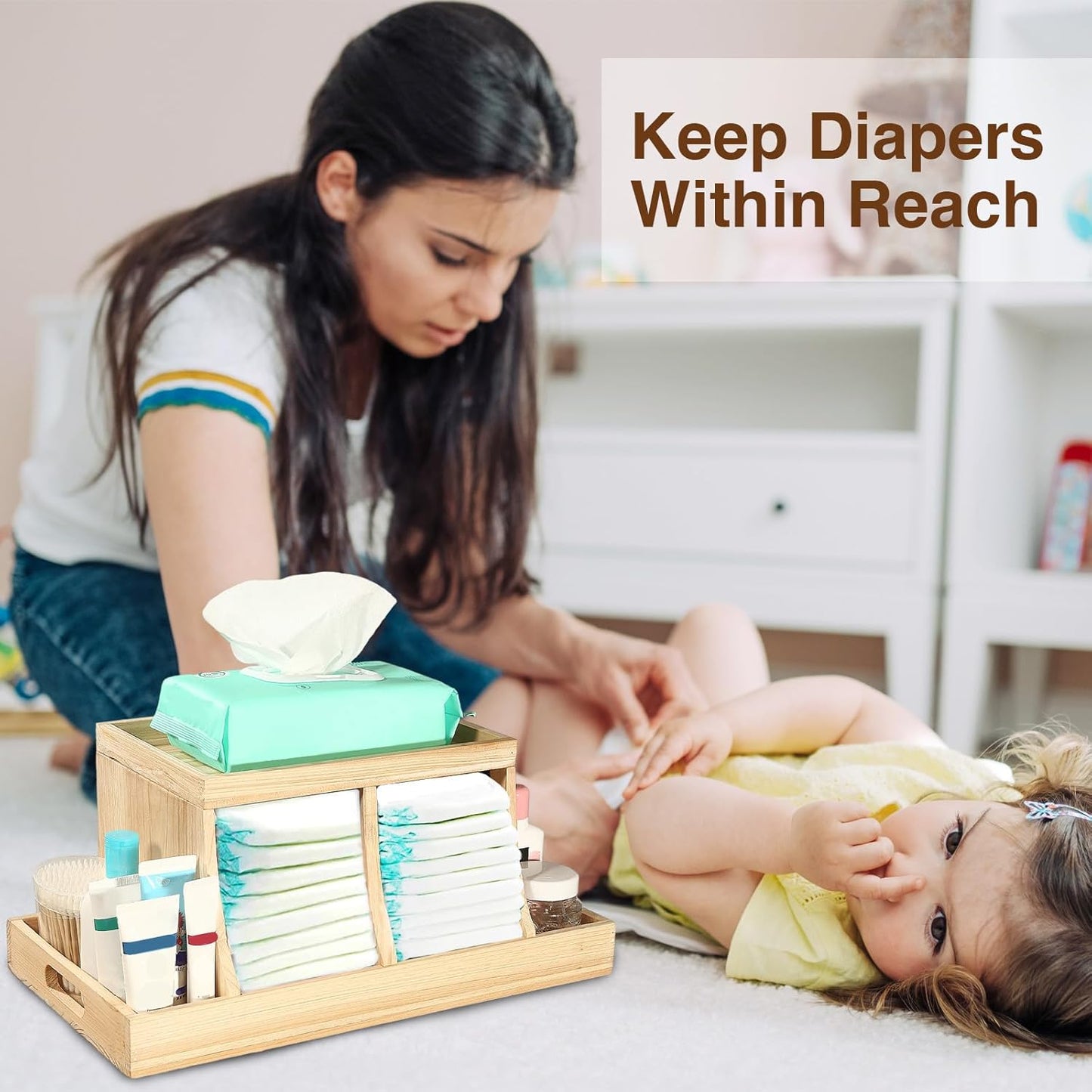 Three colors Diaper Organizer, Wooden Diaper Caddy Organizer, Changing Table Organizer, Diaper Storage Organizer, Nursery Baby Organization (Brown)