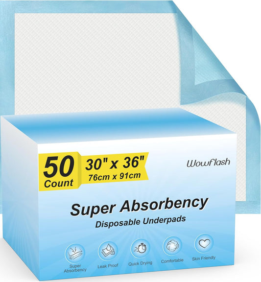 Super Absorbency Disposable Leakproof Underpads with Quick Drying for Baby, Adults, Puppy, Dog Bed Pee Pads, Extra Large, XXL Incontinence Pads, 30” x 36”, 50 Count