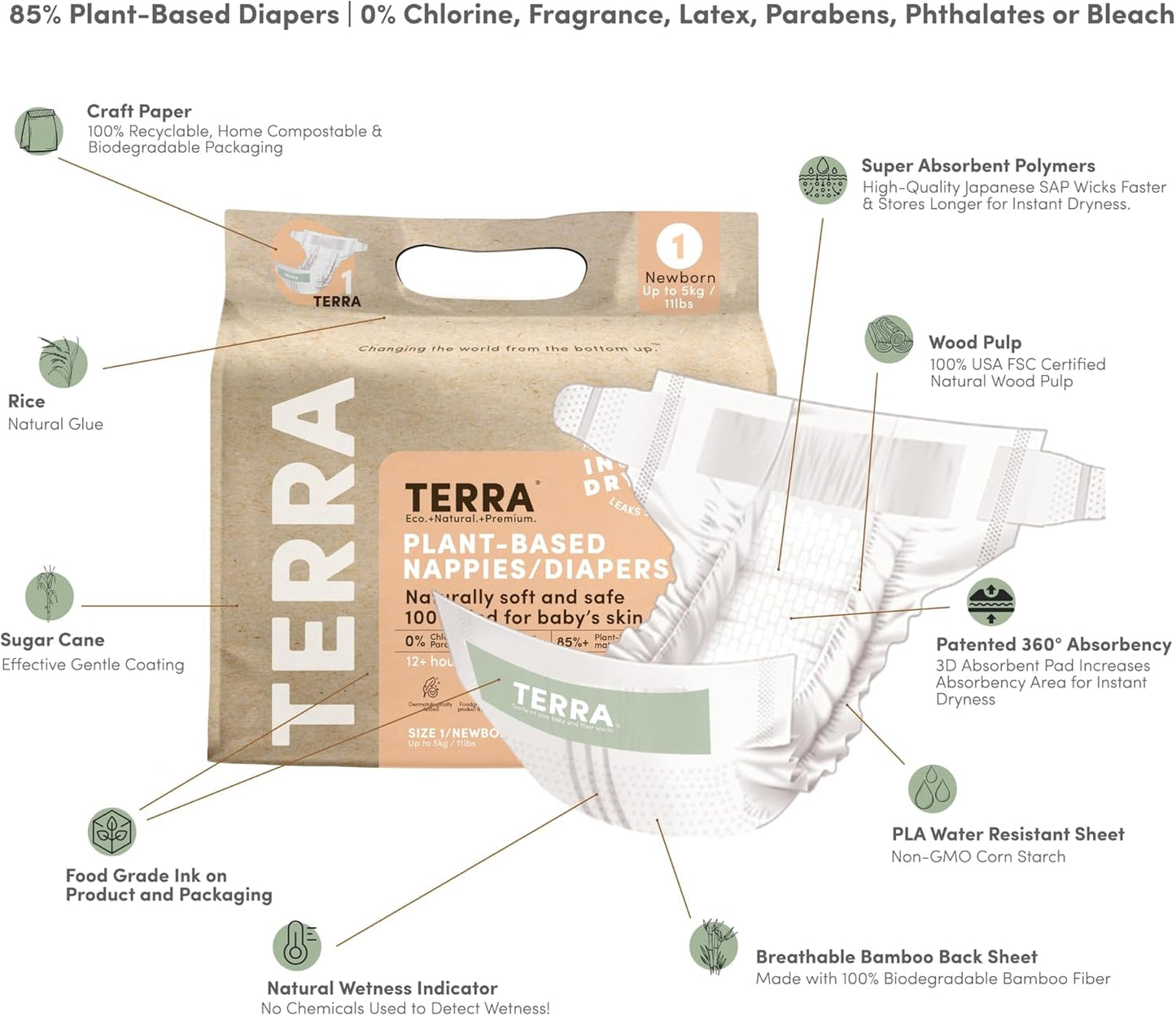 Terra Size 1 Newborn Diapers: 85% Plant-Based Diapers, Ultra-Soft & Chemical-Free for Sensitive Skin, Superior Absorbency for Day or Nighttime Diapers, Designed for Newborns up to 11 Pounds, 24 Count