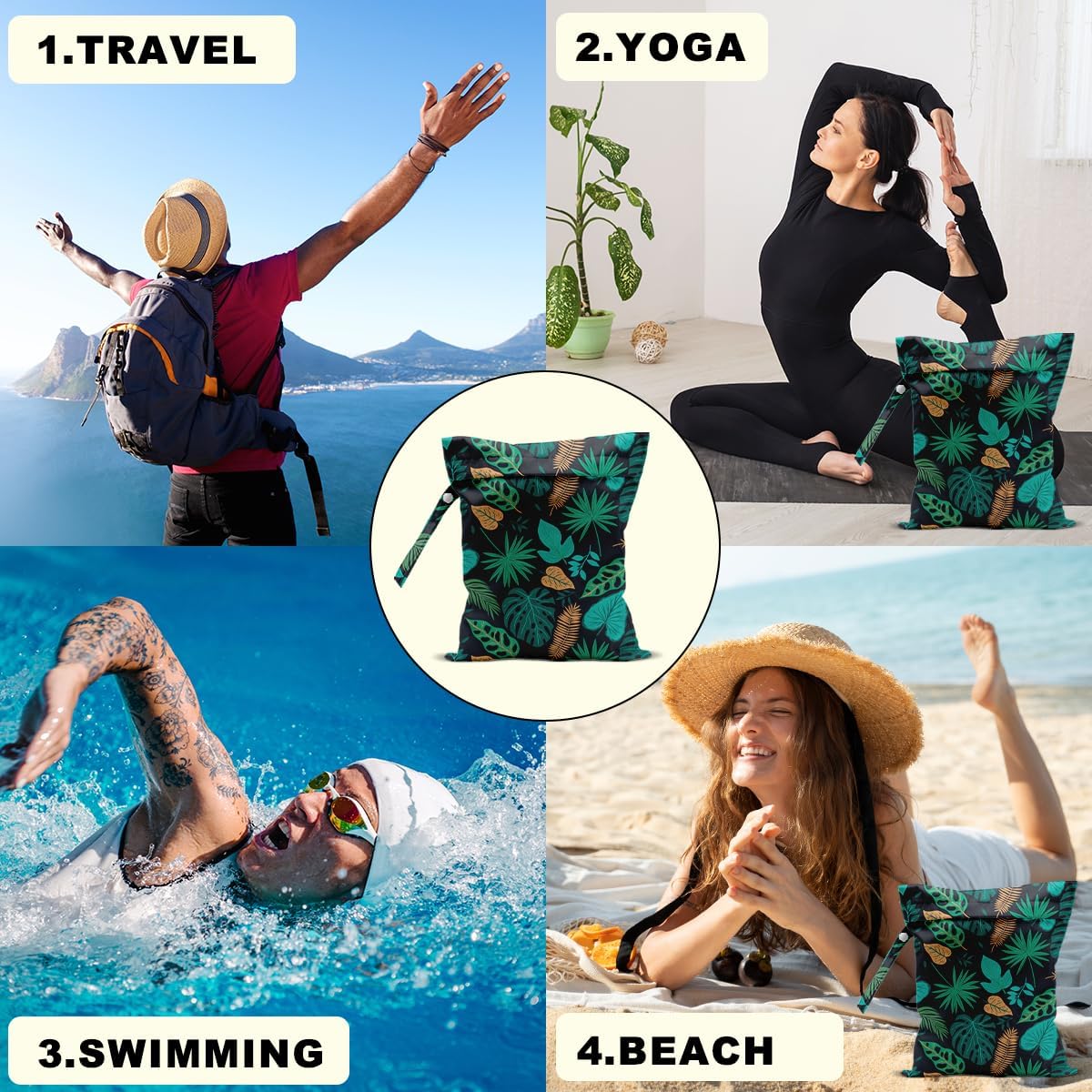 2Pcs Pink Flamingo Wet Bags 12x10 Inch, Green Leaves Waterproof Travel Laundry Bags, Reusable Wet Dry Bag for Swimsuit Pool Beach Diapers Dirty Yoga Gym Clothes, Flamingo Gifts for Women
